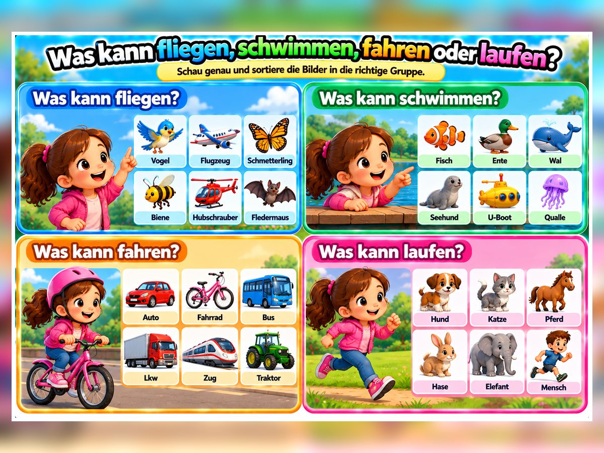 Fliegen · Schwimmen · Fahren · Laufen – Vorschau